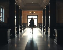 Silhouette of a woman in a courthouse hallway, symbolizing a legal case against AI misuse.