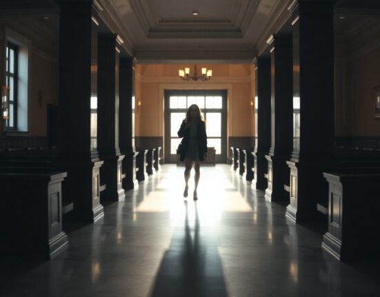 Silhouette of a woman in a courthouse hallway, symbolizing a legal case against AI misuse.