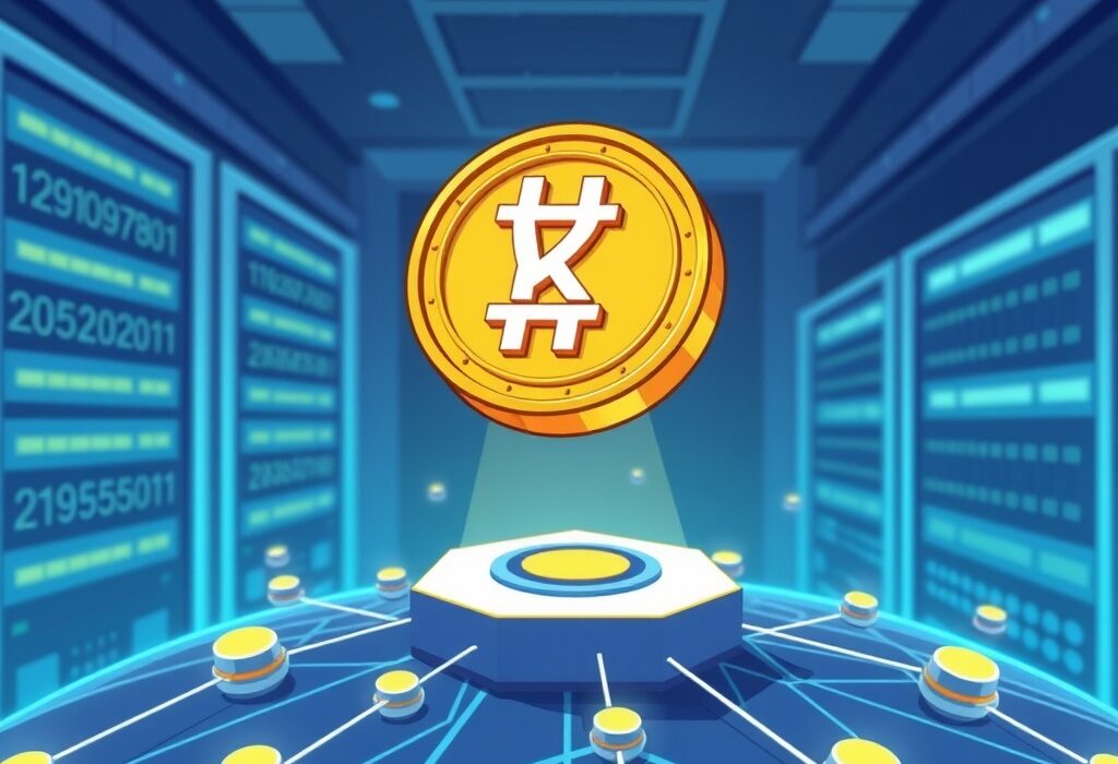 A cartoon illustration of a digital won-backed stablecoin securely integrated with a blockchain, symbolizing Dunamu's Giwa chain innovation.