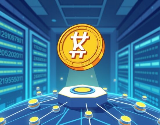 A cartoon illustration of a digital won-backed stablecoin securely integrated with a blockchain, symbolizing Dunamu's Giwa chain innovation.