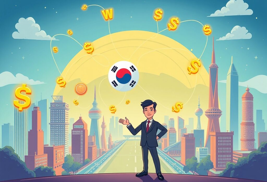 Cartoon illustration showing South Korea's potential for blockchain leadership through a won-based stablecoin, symbolizing digital financial innovation.