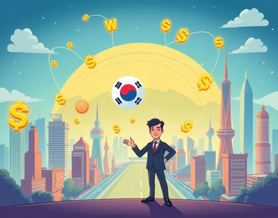 Cartoon illustration showing South Korea's potential for blockchain leadership through a won-based stablecoin, symbolizing digital financial innovation.