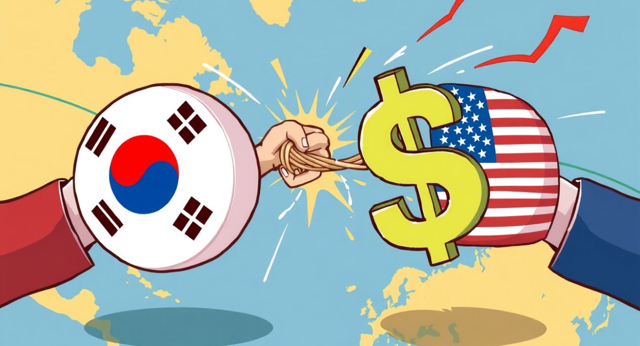 Dramatic cartoon illustration of the won-dollar exchange rate hitting a critical level of 1480.