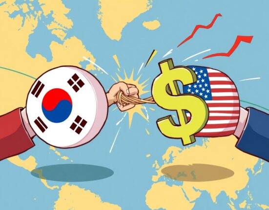 Dramatic cartoon illustration of the won-dollar exchange rate hitting a critical level of 1480.