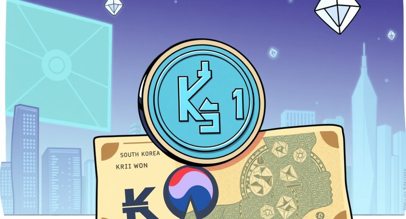 A vibrant cartoon illustrating the new KRW1 won-pegged stablecoin, showing its stability and connection to the South Korean economy.