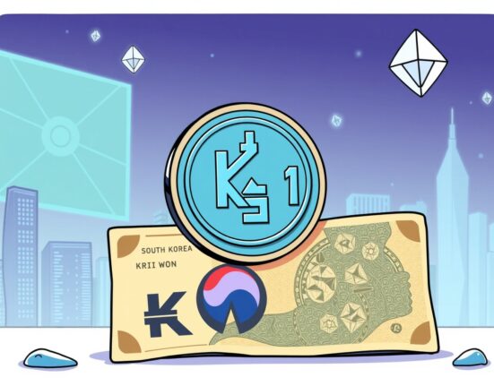 A vibrant cartoon illustrating the new KRW1 won-pegged stablecoin, showing its stability and connection to the South Korean economy.