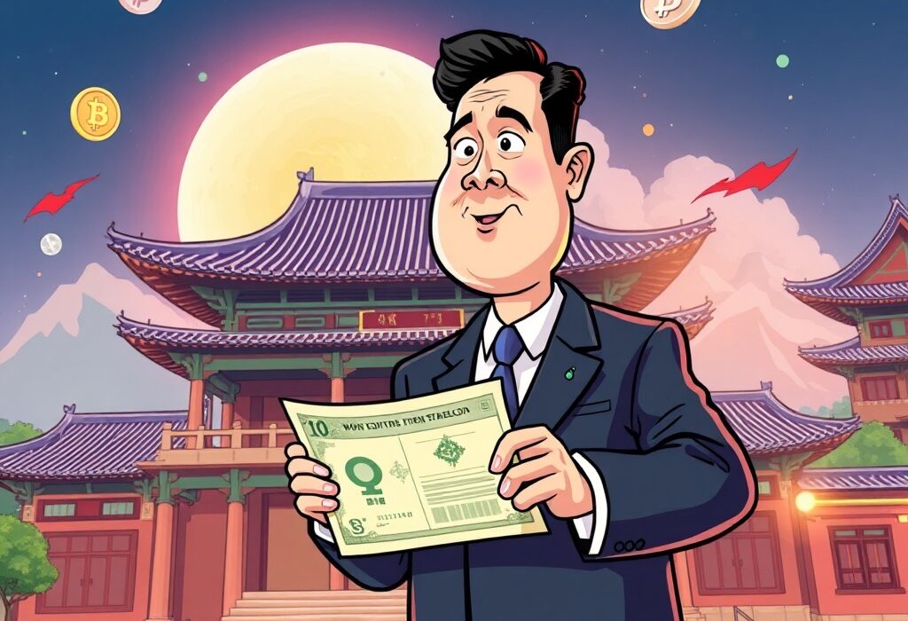 A cartoon image showing South Korean authorities initiating regulation for won-pegged stablecoins, signaling financial stability.