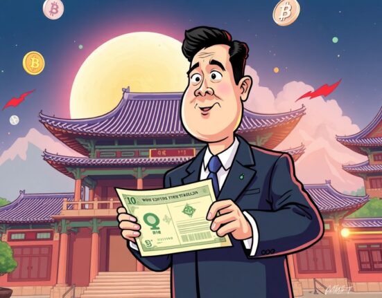 A cartoon image showing South Korean authorities initiating regulation for won-pegged stablecoins, signaling financial stability.