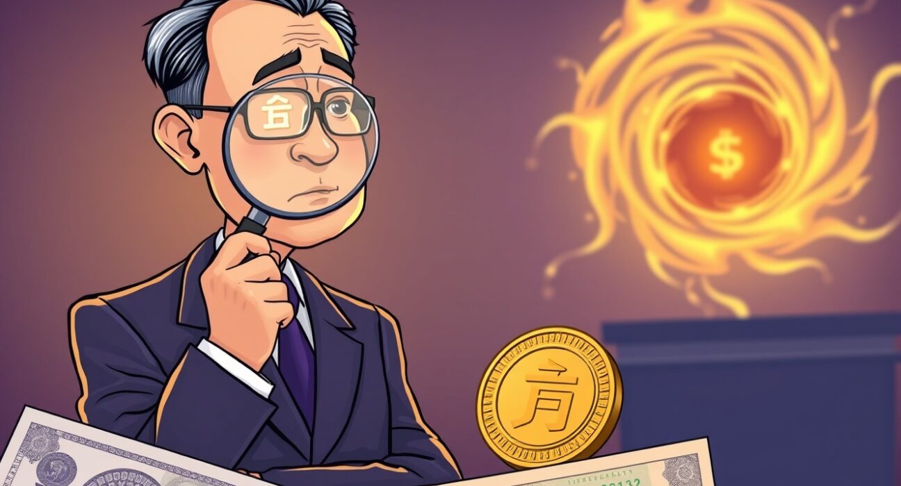 Cartoon illustration of Bank of Korea Governor cautiously assessing a won-pegged stablecoin, highlighting its uncertain future and potential risks.
