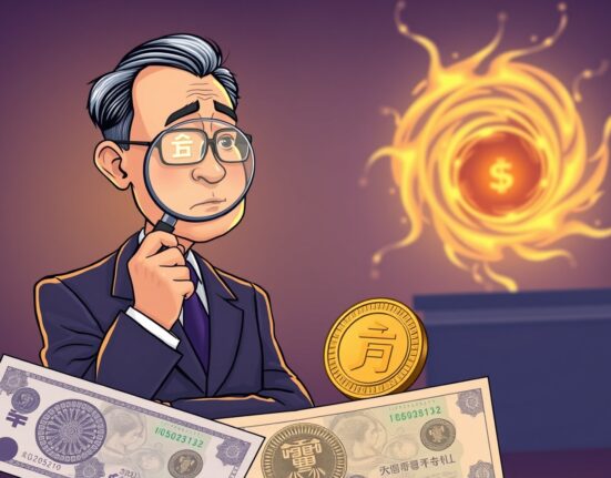 Cartoon illustration of Bank of Korea Governor cautiously assessing a won-pegged stablecoin, highlighting its uncertain future and potential risks.