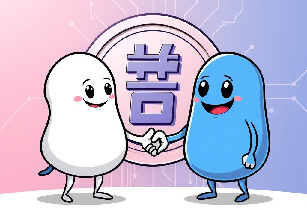 Cartoon illustration of Kaia and Open Asset collaborating on a won-pegged stablecoin project, symbolizing a strategic blockchain partnership.