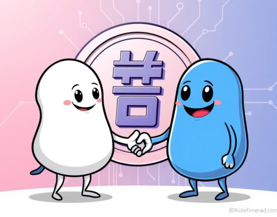 Cartoon illustration of Kaia and Open Asset collaborating on a won-pegged stablecoin project, symbolizing a strategic blockchain partnership.