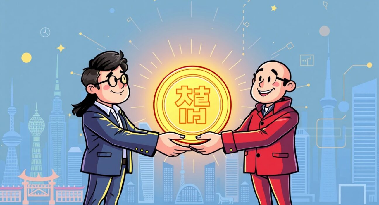Cartoon illustration of South Korean payment companies collaborating on a won-pegged stablecoin, symbolizing digital finance innovation.