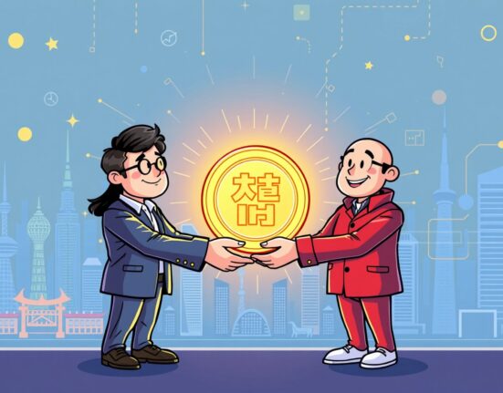 Cartoon illustration of South Korean payment companies collaborating on a won-pegged stablecoin, symbolizing digital finance innovation.