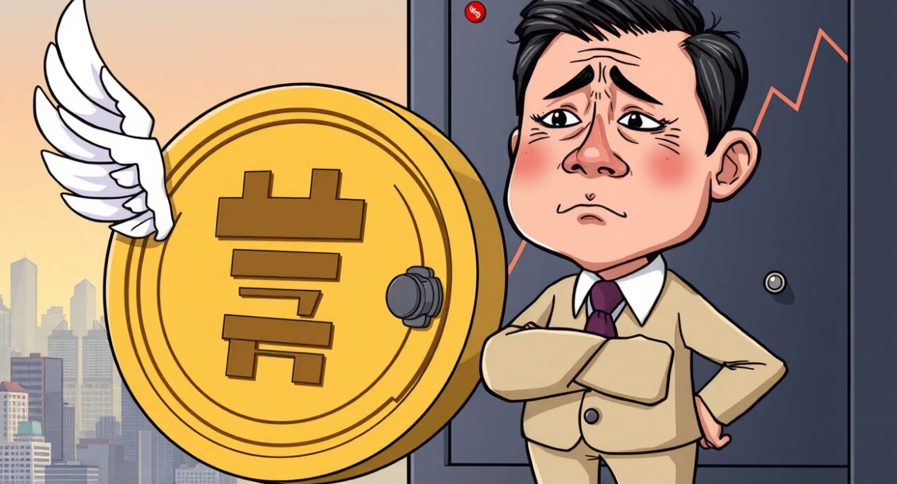 Cartoon illustration of a worried Bank of Korea official seeing a won stablecoin flying away, symbolizing potential capital flight.