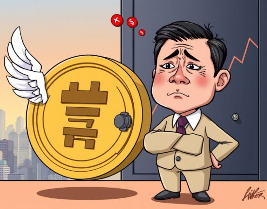 Cartoon illustration of a worried Bank of Korea official seeing a won stablecoin flying away, symbolizing potential capital flight.