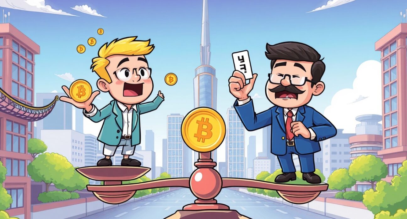 Cartoon illustration depicting the won stablecoin debate between innovation and traditional banking concerns
