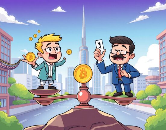 Cartoon illustration depicting the won stablecoin debate between innovation and traditional banking concerns