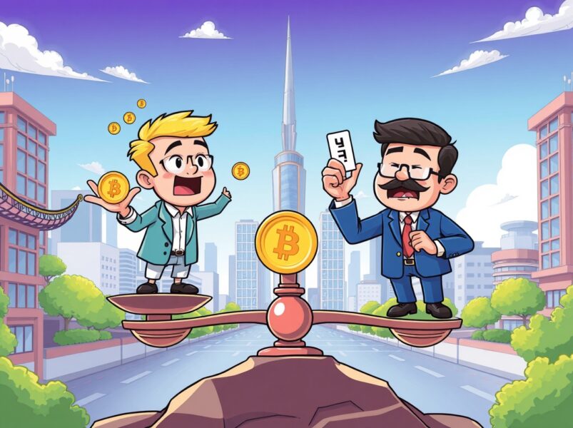 Cartoon illustration depicting the won stablecoin debate between innovation and traditional banking concerns