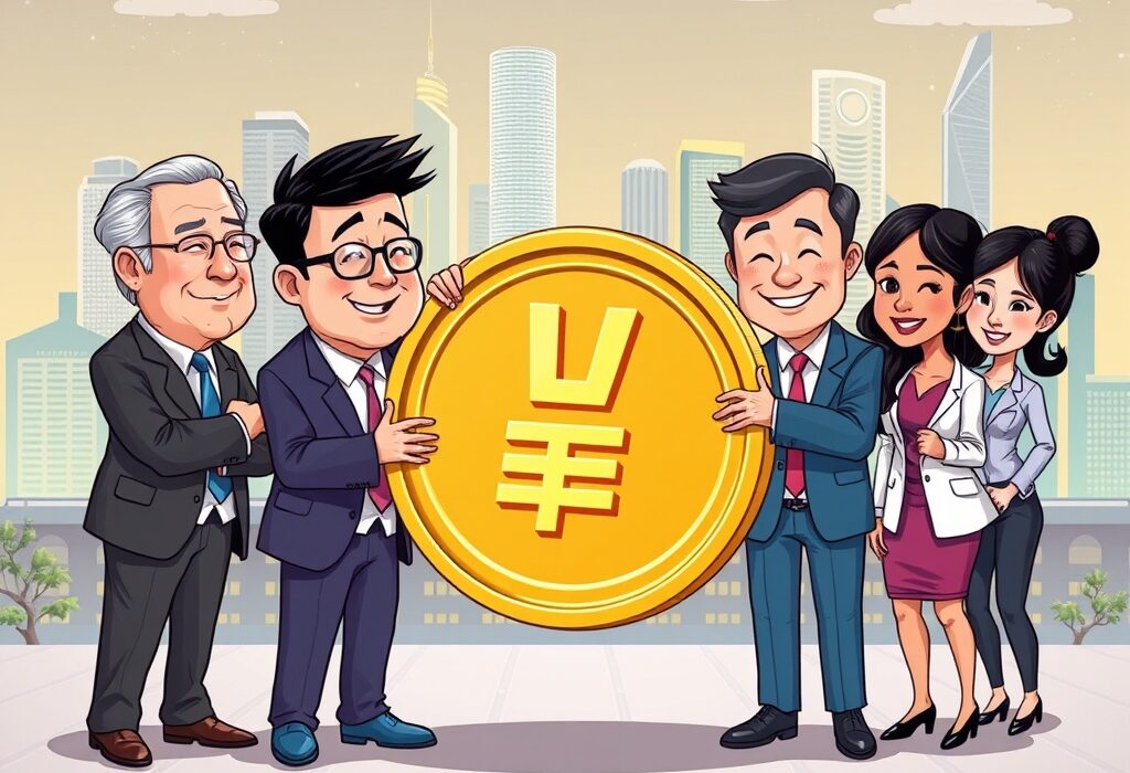 Cartoon showing banks and fintechs collaborating on won stablecoin issuance, symbolizing South Korea's innovative approach to digital currency.