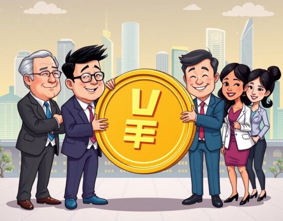 Cartoon showing banks and fintechs collaborating on won stablecoin issuance, symbolizing South Korea's innovative approach to digital currency.