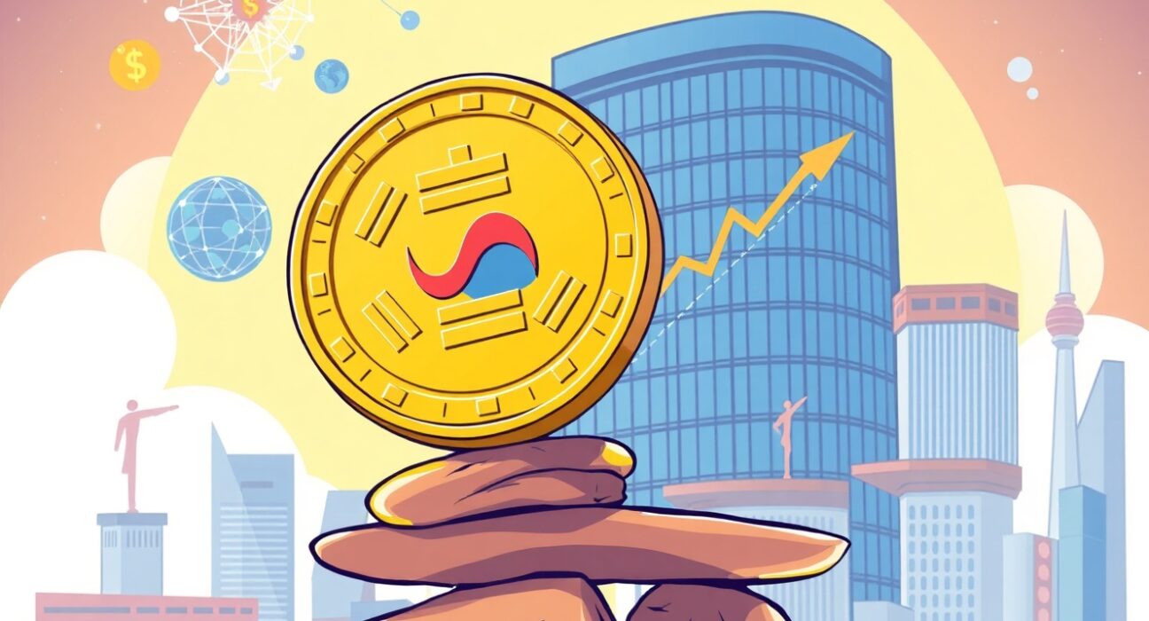 Cartoon showing a won stablecoin achieving stability through offshore FX and bond market reforms, highlighting South Korea's financial future.
