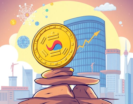 Cartoon showing a won stablecoin achieving stability through offshore FX and bond market reforms, highlighting South Korea's financial future.