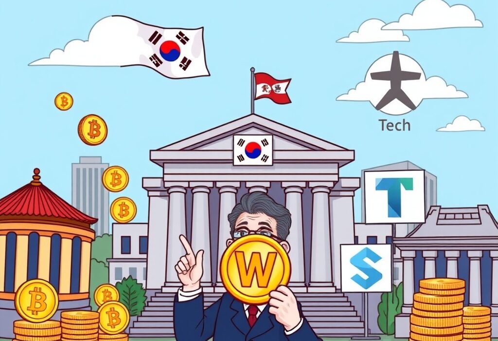 A cartoon official guides the controlled rollout of a Won stablecoin through banks, emphasizing financial stability and secure regulation.