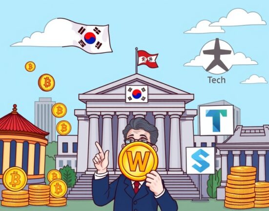 A cartoon official guides the controlled rollout of a Won stablecoin through banks, emphasizing financial stability and secure regulation.