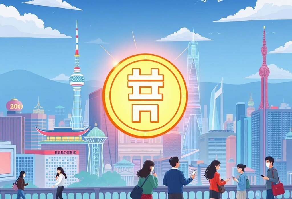 Cartoon illustration showing a bright won stablecoin in a South Korean city, symbolizing legislative progress in digital currency.