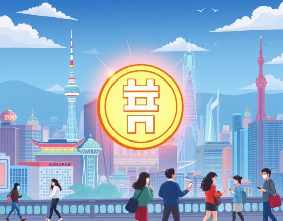 Cartoon illustration showing a bright won stablecoin in a South Korean city, symbolizing legislative progress in digital currency.