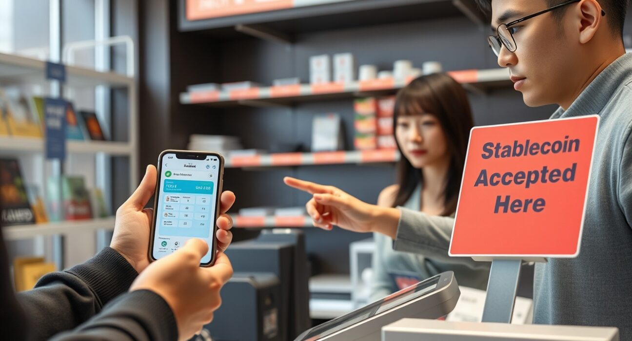 Customer using smartphone for digital payment at a retail counter in Seoul, with a merchant pointing to a stablecoin acceptance sign.