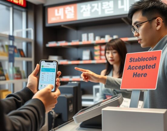Customer using smartphone for digital payment at a retail counter in Seoul, with a merchant pointing to a stablecoin acceptance sign.