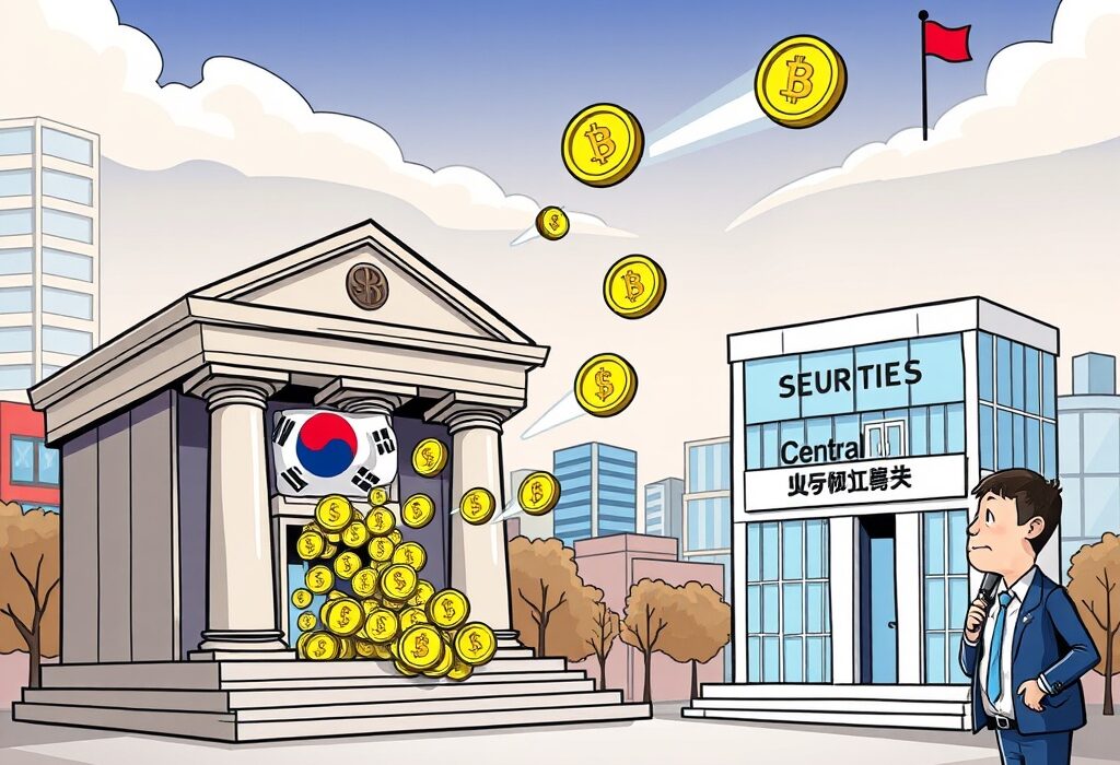 A cartoon illustration showing bank-issued won stablecoins impacting South Korean financial institutions, with banks facing reduced interest income.