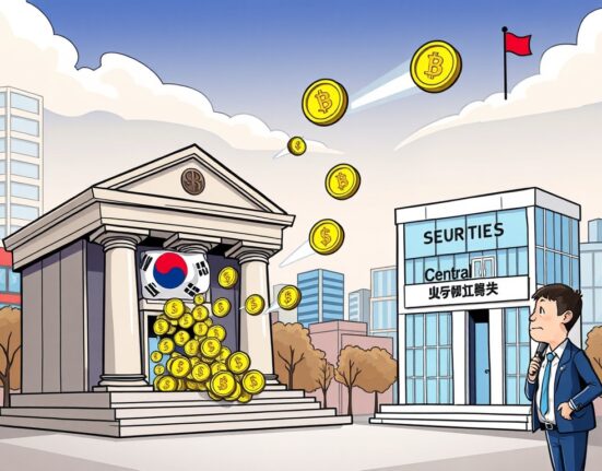 A cartoon illustration showing bank-issued won stablecoins impacting South Korean financial institutions, with banks facing reduced interest income.
