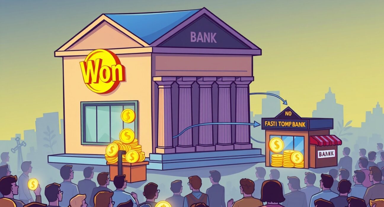 A cartoon illustration showing the Bank of Korea guiding the issuance of won stablecoins by banks, with non-banks facilitating their distribution.