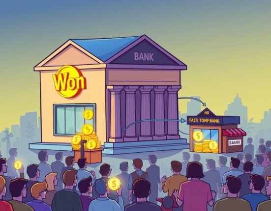 A cartoon illustration showing the Bank of Korea guiding the issuance of won stablecoins by banks, with non-banks facilitating their distribution.