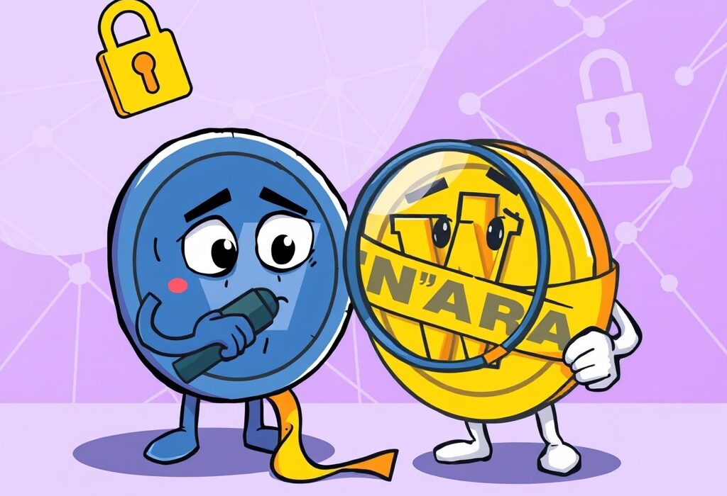 Illustration of WOO crypto under caution tape, signifying Bithumb's heightened scrutiny due to a security incident.