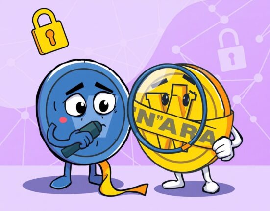 Illustration of WOO crypto under caution tape, signifying Bithumb's heightened scrutiny due to a security incident.