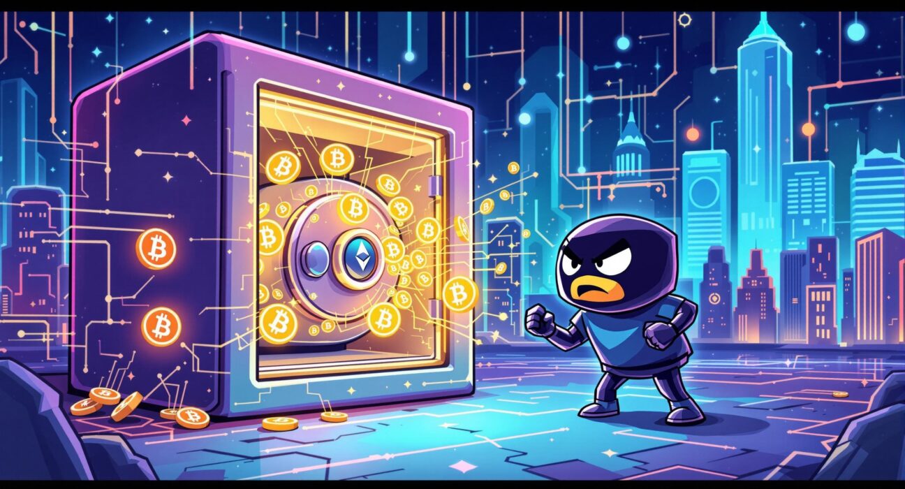 An illustration depicting the aftermath of a WOO X hack, with digital currency escaping a breached vault, emphasizing crypto security challenges.