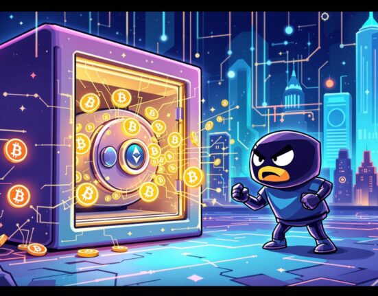 An illustration depicting the aftermath of a WOO X hack, with digital currency escaping a breached vault, emphasizing crypto security challenges.