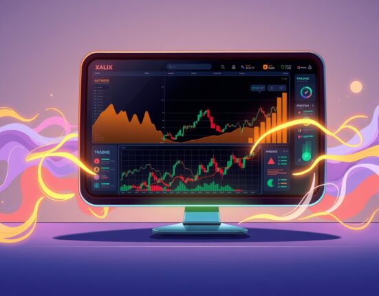 WOO X Pro cryptocurrency exchange platform transformation from old to new interface in a vibrant cartoon style.