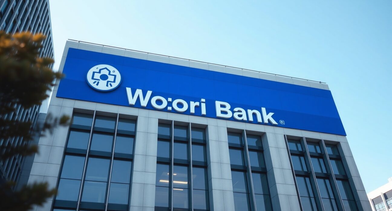 Exterior of Woori Bank headquarters in Seoul on a clear day
