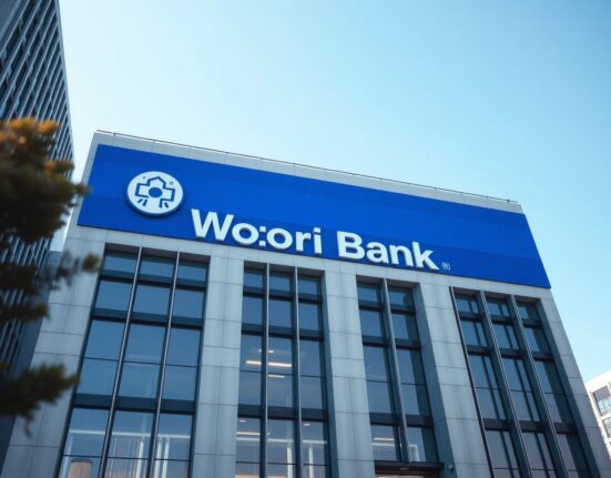 Exterior of Woori Bank headquarters in Seoul on a clear day