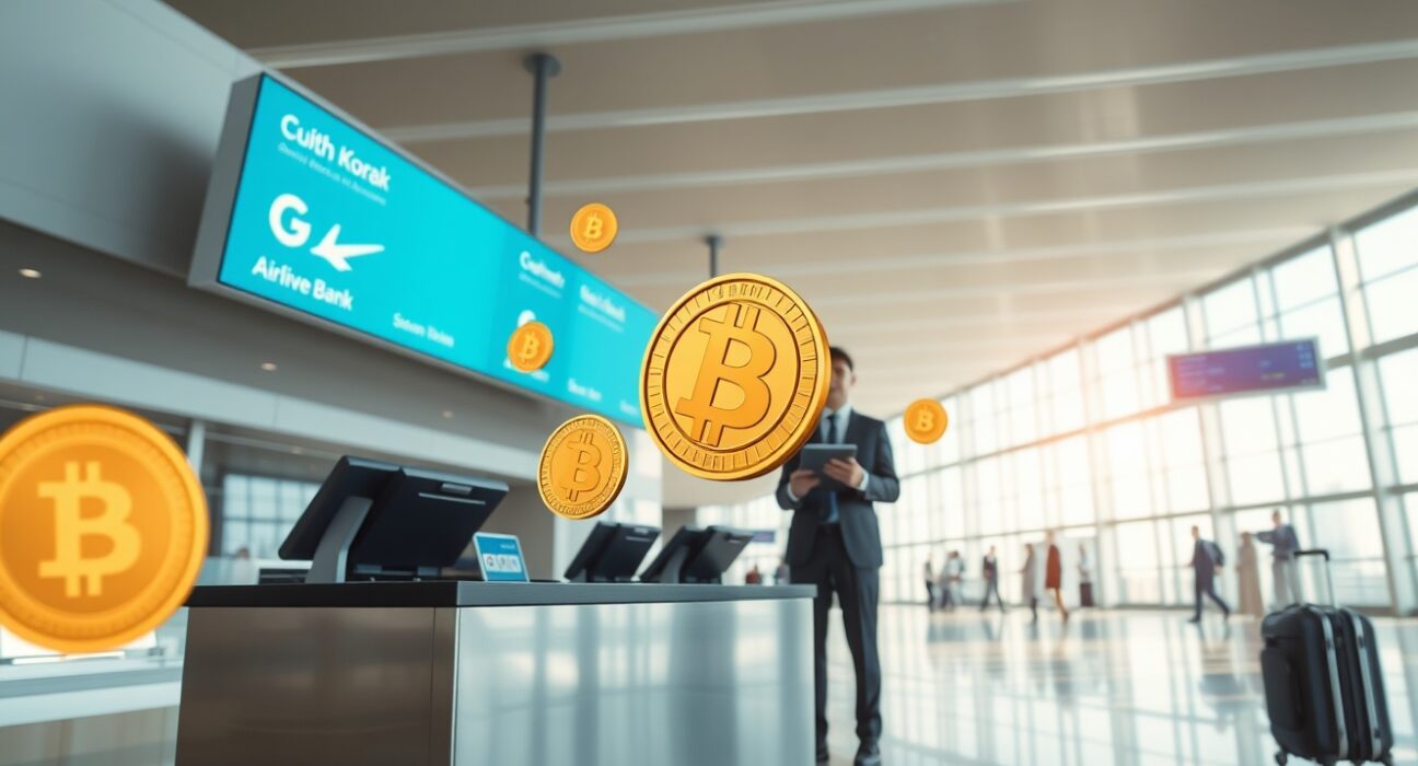 Airline check-in counter with digital cryptocurrency symbols, representing Woori Bank's new crypto payment service for airline tickets.