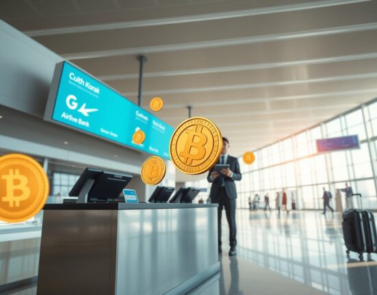 Airline check-in counter with digital cryptocurrency symbols, representing Woori Bank's new crypto payment service for airline tickets.