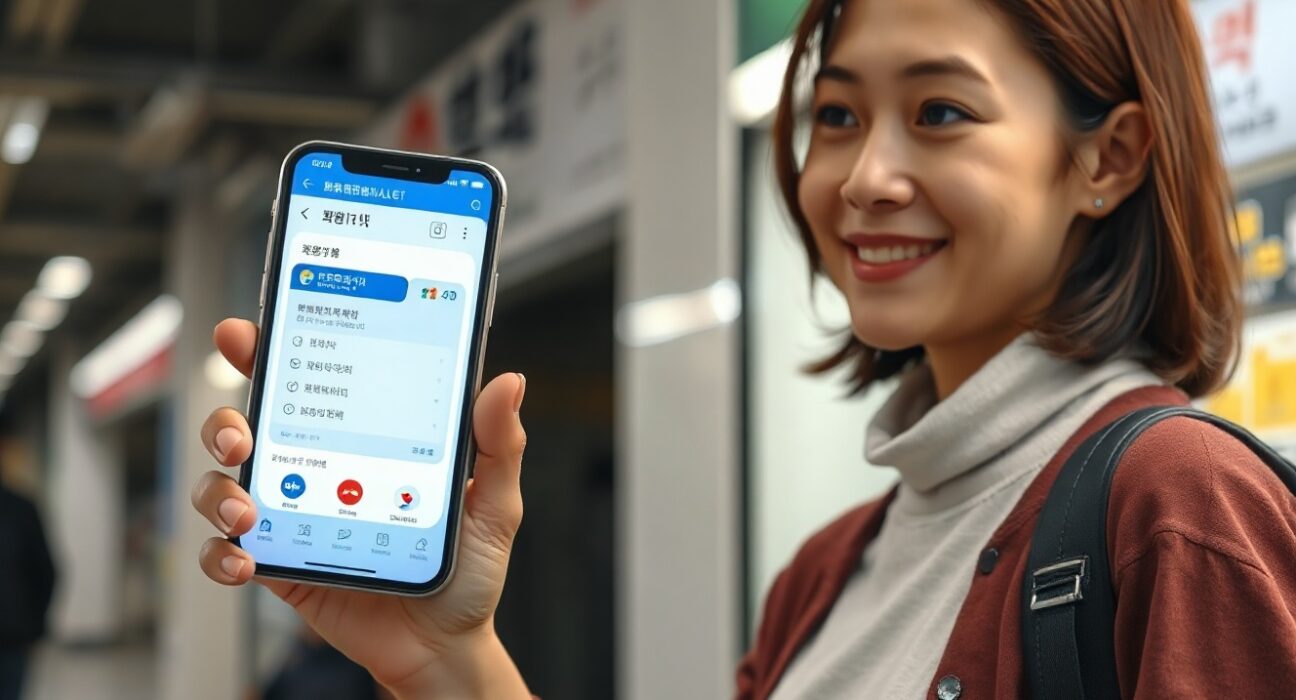 Foreign traveler using a digital wallet on a smartphone in a South Korean urban setting