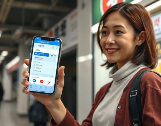 Foreign traveler using a digital wallet on a smartphone in a South Korean urban setting