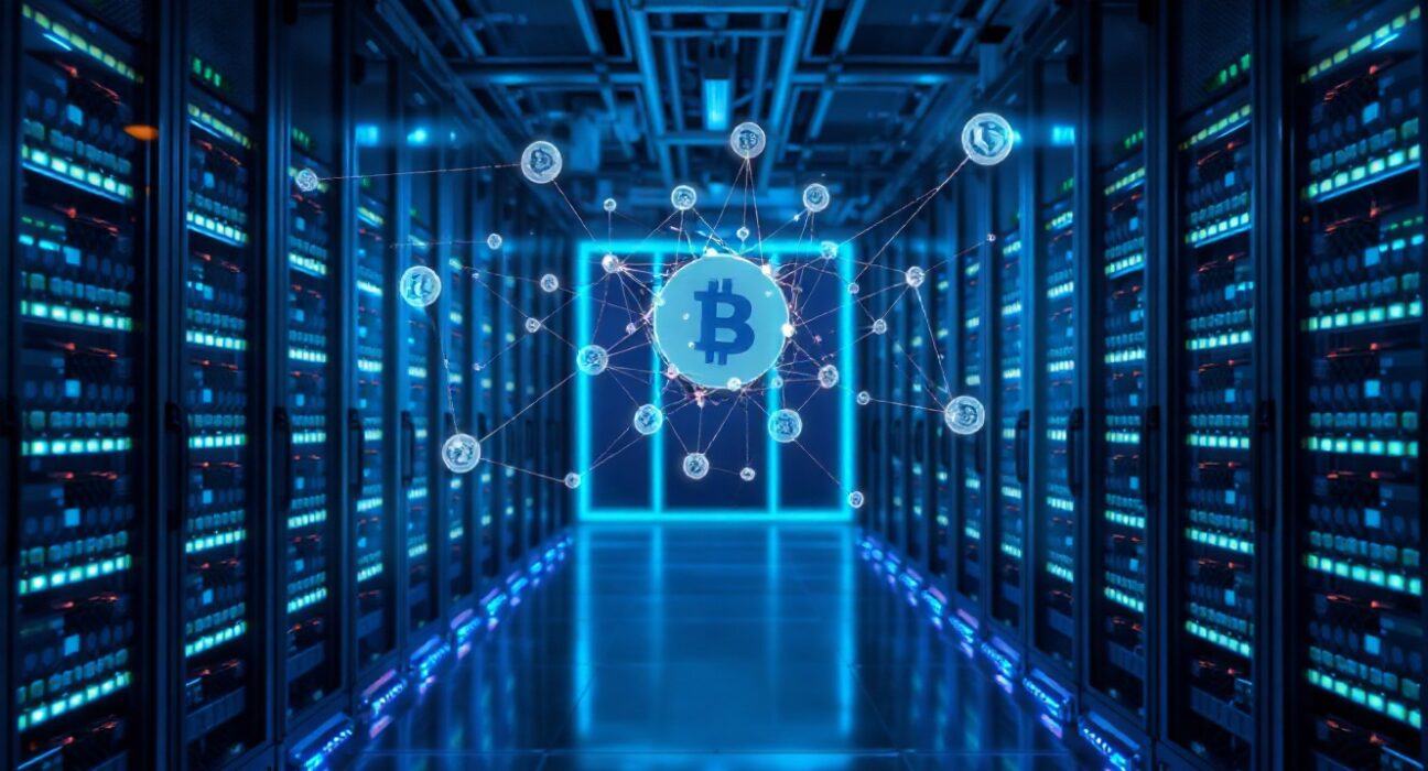 Abstract visualization of blockchain network nodes in a modern data center