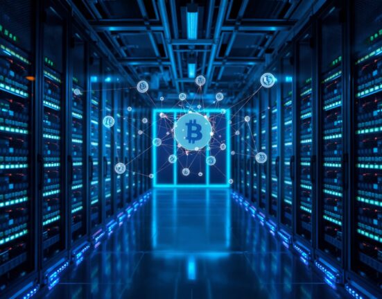 Abstract visualization of blockchain network nodes in a modern data center